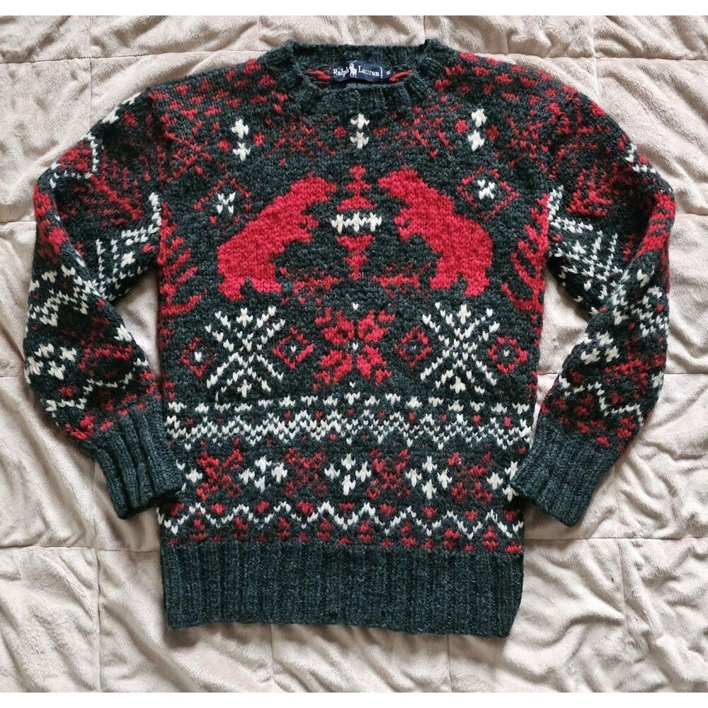 Vintage Ralph Lauren Hand Knit Wool Sweater Bears Fair Isle Nordic Mens S Polo